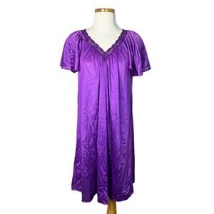 Vintage 80s Flutter Sleeve Night Gown House Dress Nylon Purple Womens S/M